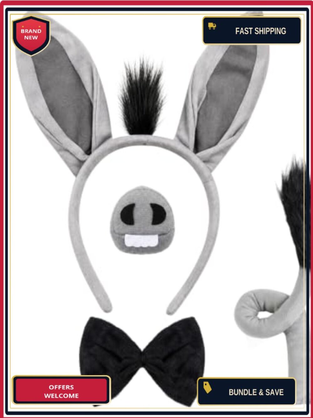 Donkey Costume Set Women 4 Pc Ears Headband Nose Tail Bow Tie Halloween